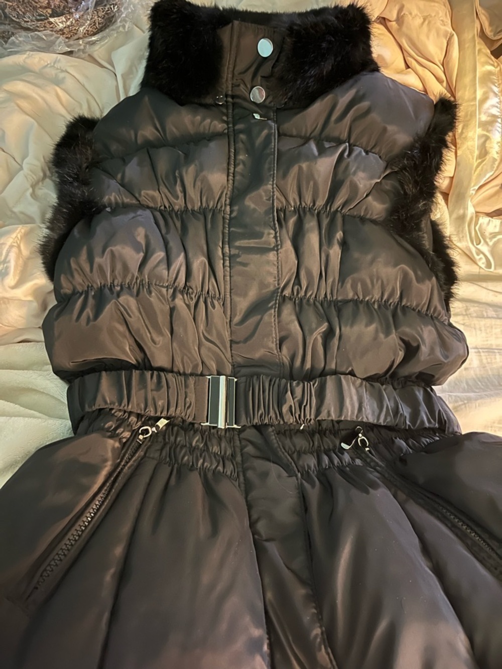 Black Down Vest with Removable Rabbit Fur Trim